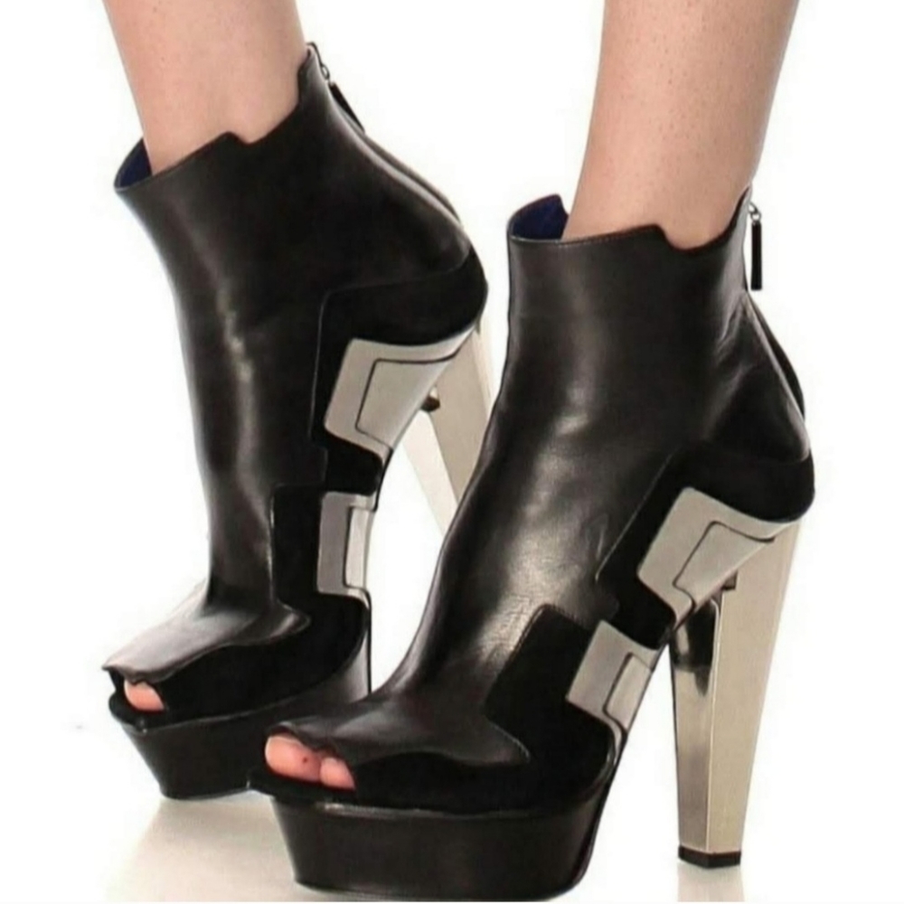 Raphael Young Metallic/Leather Open-Toe Booties. 7/2. Black